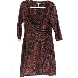 Lauren Ralph Lauren Dress Sz 10 Brown Animal Print Ruched V-Neck career y2k dark